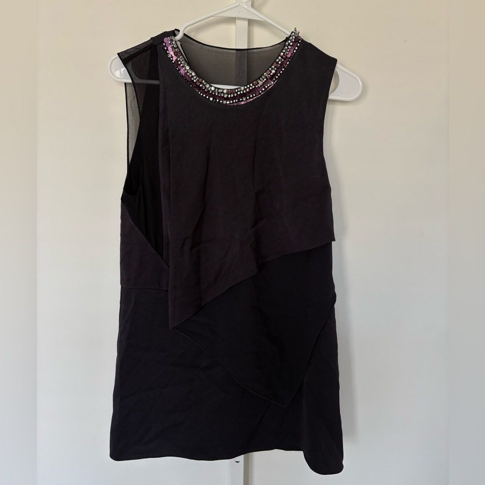 3.1 Phillip Lim Black Jeweled Neck Sleeveless Tunic Top Silk Trim Size 6